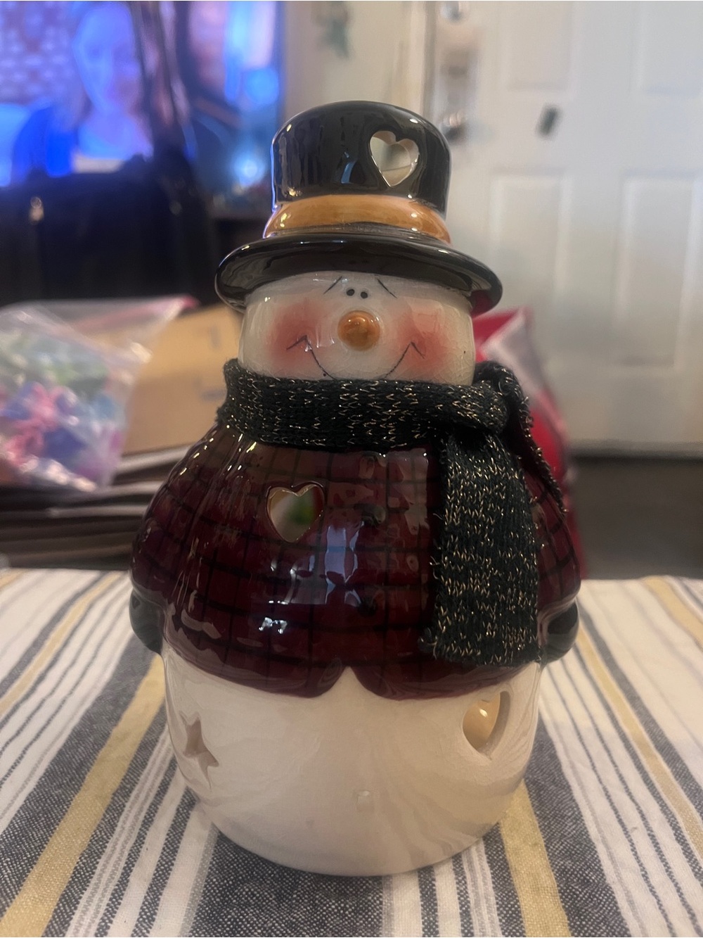 Festive Ceramic Snowman Tealight Lantern - Black Hat, Burgundy Coat 161